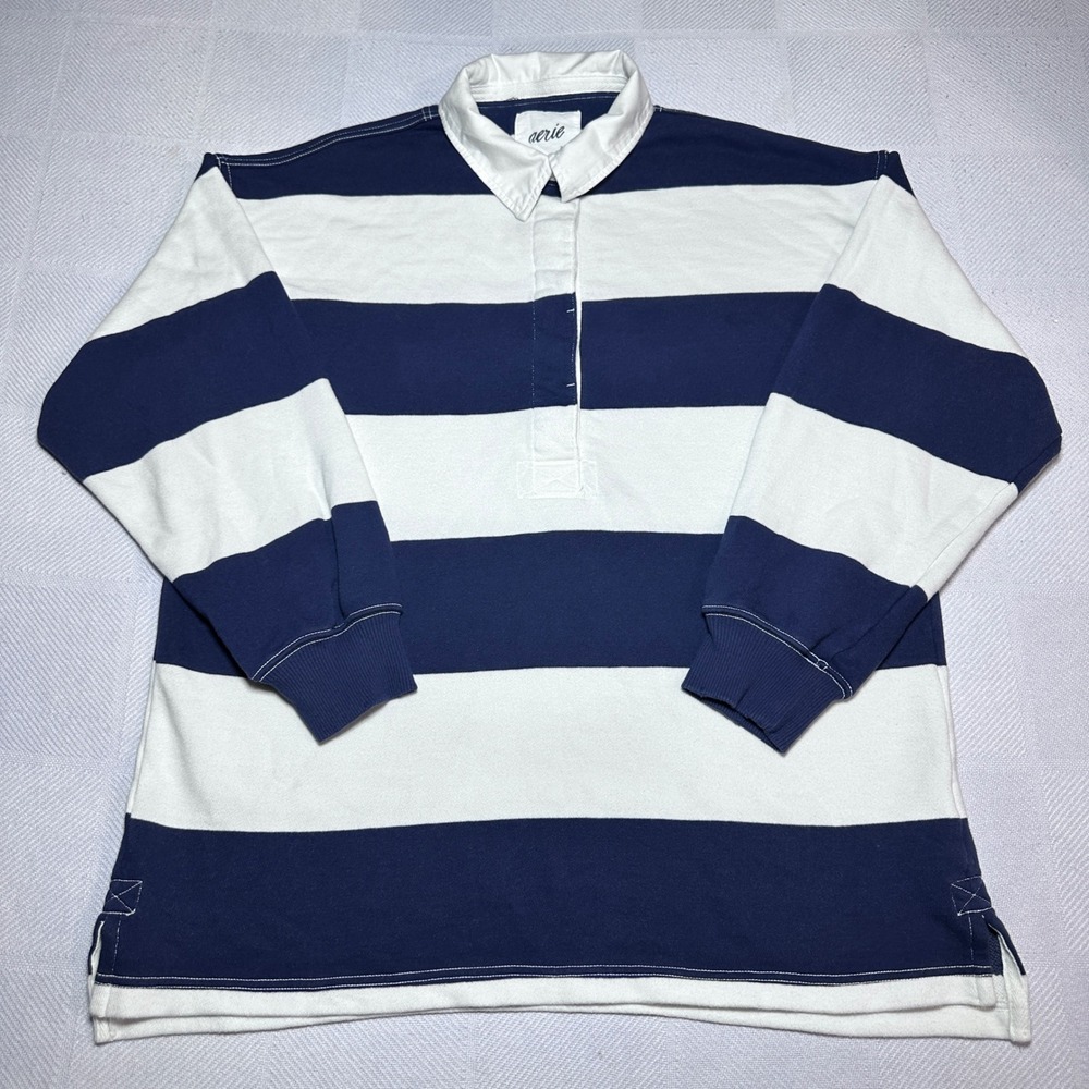 Aerie Rugby Polo Shirt Womens Small Oversized Striped Navy Blue White Retro - Picture 2 of 11